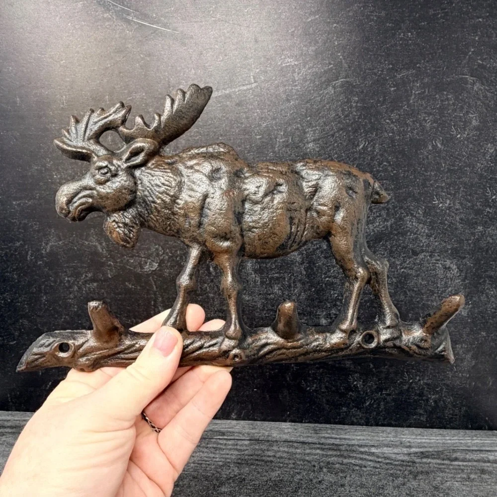 Cast Iron Bull Moose Three Hook Wall Rack Cabin Lodge Farmhouse Decor 9